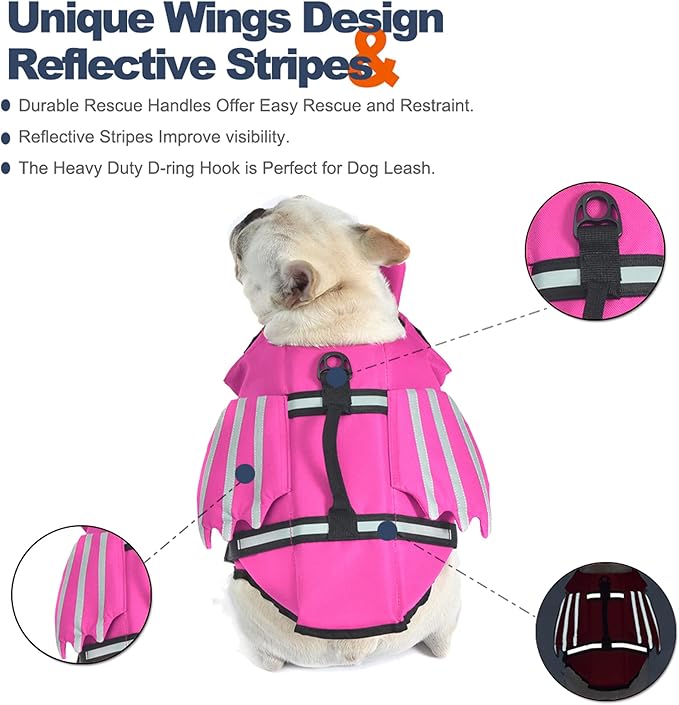 Dog Life Jacket, Cute Wings Adjustable Dog Life Vest with Chin Float and Handle for Swimming Boating Reflective High Buoyancy Swim Float Vest for Small Medium Large Dogs (Pink, L)