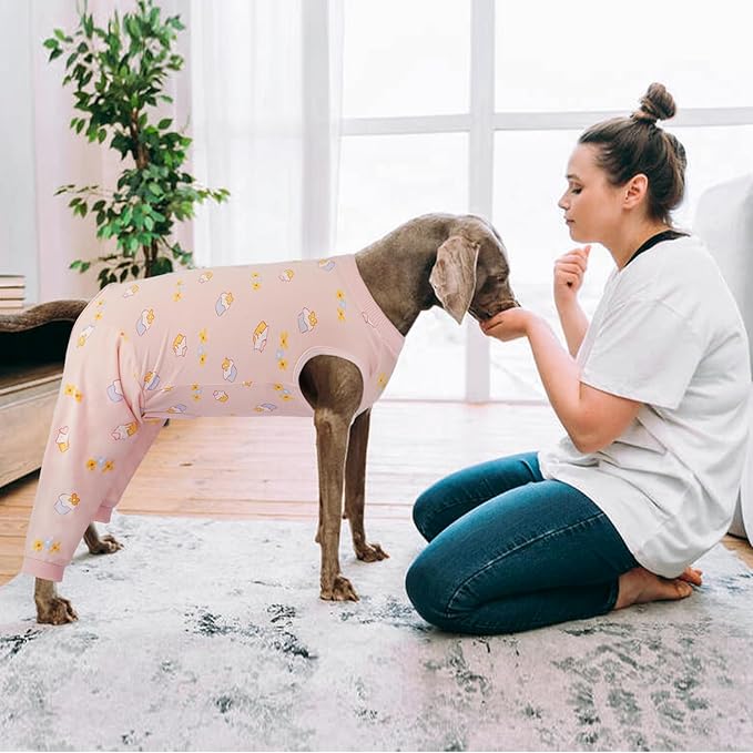 Kuoser Dog Recovery Suit, Anti Licking Dogs Rear Leg Sleeve, Abdominal Dog Surgical Suit with Pants Cover Protect Wounds, Dogs Elbow Protector Soft Pet Surgery Onesie Cone Alternative, PinkCake XL