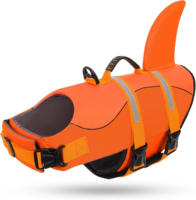 Queenmore Dog Life Jacket, Dog Life Vest for Swimming, Puppy Shark Swimming Vest with Rescue Handle, Reflective Adjustable Pet Lifesaver Preserver for Small Dogs, Orange S