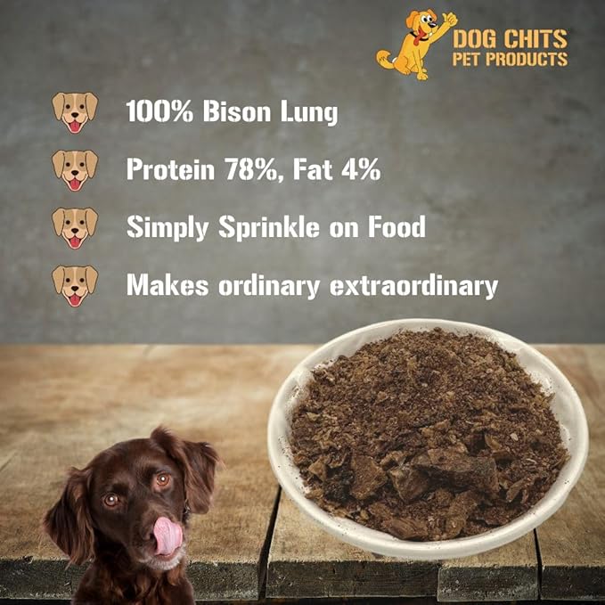 Dog Chits Bison Lung Food Topper for Dogs & Puppies - Single Ingredient, High Protein, Grain Free & Easy to Digest - Natural Dog Treats for Picky Eaters - Sprinkle on Food - Made in USA - 7 oz