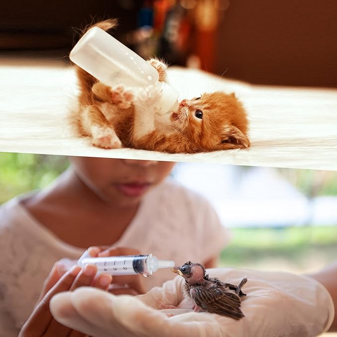 Sadnyy 17 Pcs Kitten Bottle Feeding Kit Puppy Bottles for Nursing Puppy Milk, Liquid Syringes in 1, 5 and 10 ml, Replacement Silicone Nipples, Cleaning Brushes for Newborn Pet Cat Dog Rabbit Goat