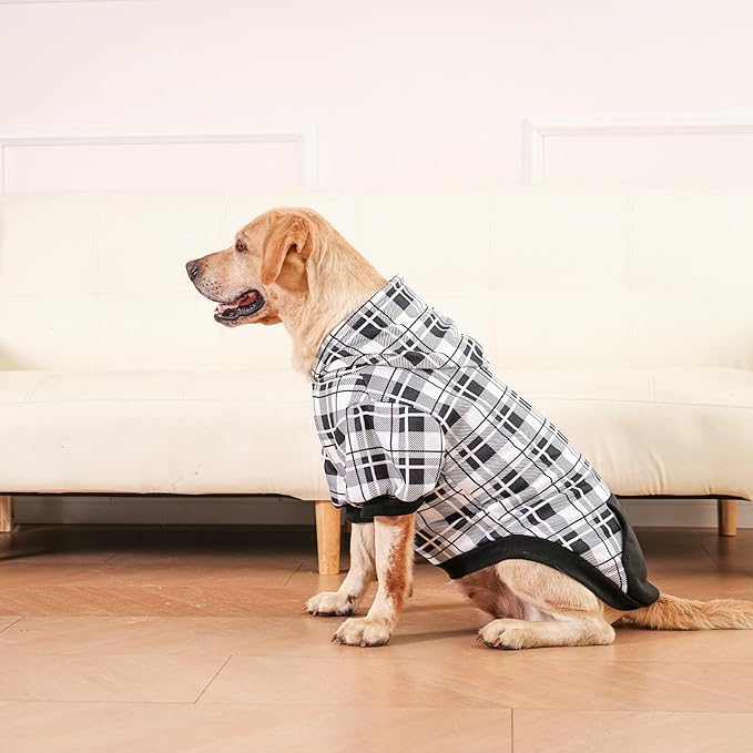 EXPAWLORER Plaid Dog Hoodie - British Style Warm Dog Sweater Shirt with Leash Hole,Pitbull Clothes Outfits,Winter Coat Apparel for All Breeds Puppy Girl Boy-Cat Apparel,Black & White X-Large