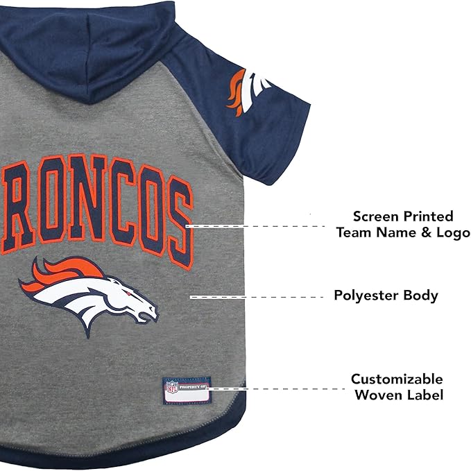 Pets First NFL Denver Broncos Hoodie for Dogs & Cats. NFL Football Licensed Dog Hoody Tee Shirt, Large. Sports Hoody T-Shirt for Pets. Licensed Sporty Dog Shirt (DEN-4044-LG)