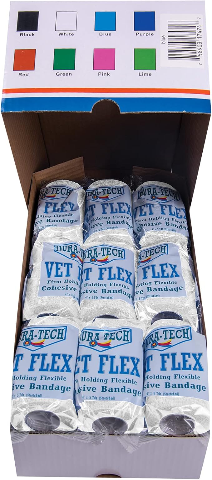 Dura-Tech Vet Flex White Bandage First Aid Wrap | for Horses, Dogs and Others | Self-Adhesive Cohesive Tape | 4” Wide and 5 Yards of Length | Package of 18 Rolls