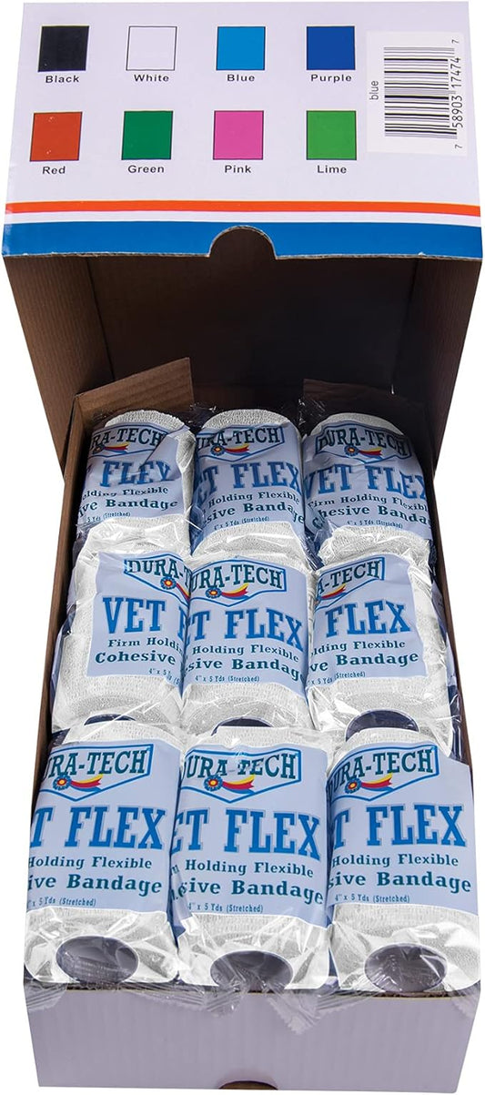 Dura-Tech Vet Flex White Bandage First Aid Wrap | for Horses, Dogs and Others | Self-Adhesive Cohesive Tape | 4” Wide and 5 Yards of Length | Package of 18 Rolls