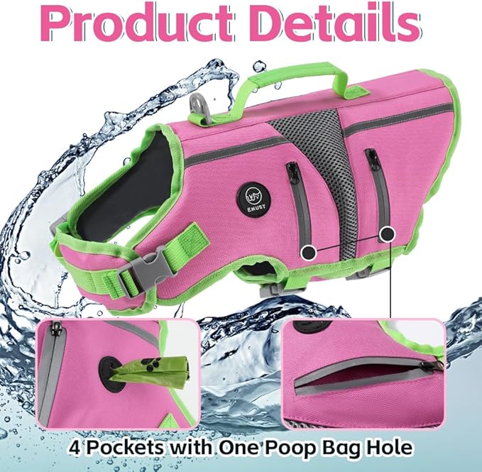 EMUST Dog Life Jacket,Dog Life Vest for Swimming,Small Dog Swim Vest,Lightweigth Adjustable Reflective Puppy Pet Float Life Preserver Vest,Pink,S