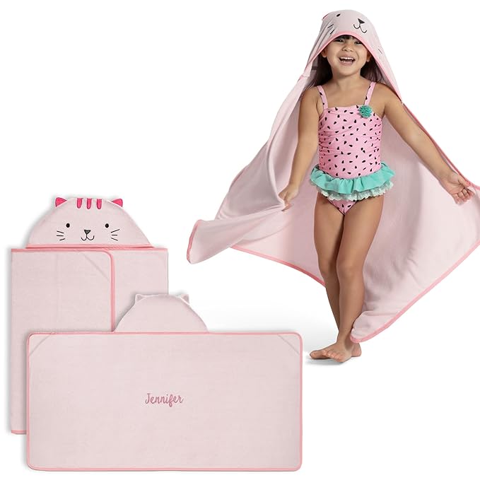 Delta Children Personalized Kids Hooded Bath Towel with Pockets - Super Soft and Absorbent- Great Gift for Boys and Girls, Pink Cat