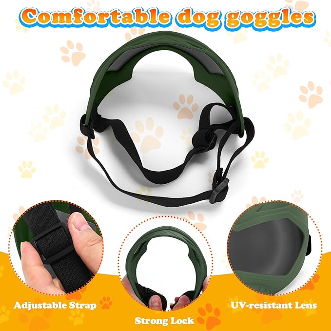 Dog Goggles, UV Protection, Windproof, Dustproof, Anti-Fog Dog Sunglasses for Large & Medium Dogs, Lightweight TPE Frame with Adjustable Strap, Stylish Outdoor Protection (Olive Green)
