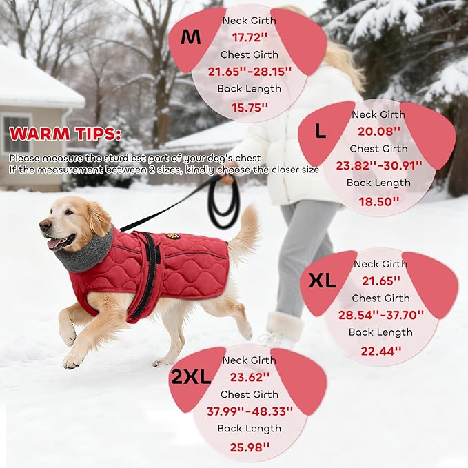 Dog Coats, Warm Puppy Apparel with Fleece Lining for Cold Weather, Windproof Medium Dog Winter Jacket, Reflective Dogs Snow Coat with Leash Hole and Adjustable Buckle, NewRed M