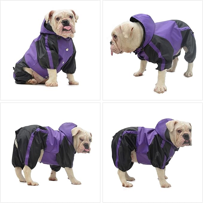 Lovelonglong American Bully Pitbull Dog Hooded Raincoat, Bulldog Rain Jacket Poncho Waterproof Clothes with Hood Breathable 4 Feet Four Legs Rain Coats for Pugs English French Bulldog Purple B-M
