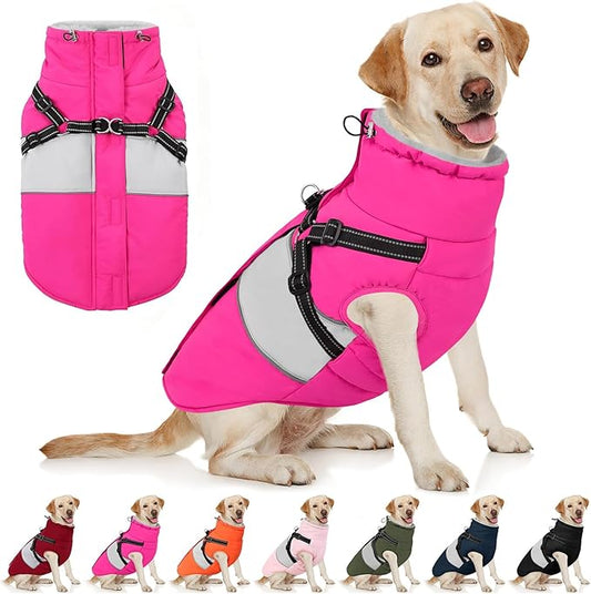 AOFITEE Dog Coat, Large Dog Jacket, Dogs Coat with Harness Built in, Reflective Waterproof Dogs Jackets Winter with Furry Collar, Warm Polar Fleece Pet Sweater Snowsuit for Doberman, Great Dane, XXL