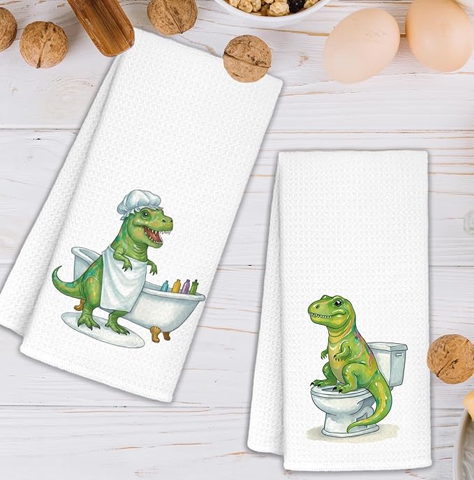 Funny Dinosaur Bathroom Hand Towels Set of 2, Kids Boys Bathroom Decor, Dinosaur Gifts for Boys Kids Hand Towels for Bath Room Washroom Toilet, 16x24 Inch