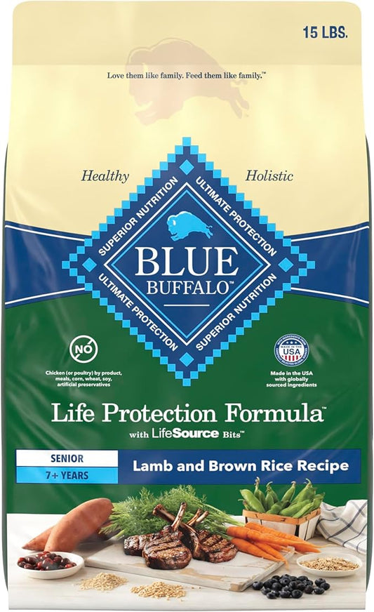 Blue Buffalo Life Protection Formula with LifeSource Bits, Senior 7+ Dry Dog Food, Lamb and Brown Rice Recipe, Natural Food for Dogs, 15 lb. Bag