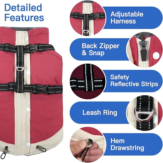 XXX-Large Dog Coat with Reflective Harness 2 in 1 for Dog Walking | Winter Turtleneck Windproof Coat for Large Dogs,Snowsuit with Sleeves Protect Joints,Cold-Weather Clothing(Pink)