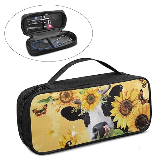 Gomyblomy Funny Stethoscope Case with Extra Room and Handle, Sunflower Cow Print Stethoscope Carrying Case Lightweight Stethoscope Holder Compatible with Most Stethoscopes