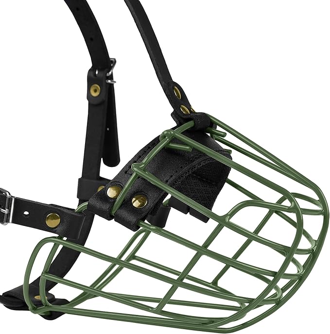 Pitbull Dog Muzzle Metal Mask Amstaff Secure Wire Basket Adjustable Durable Leather Straps for Large Dogs (Green)