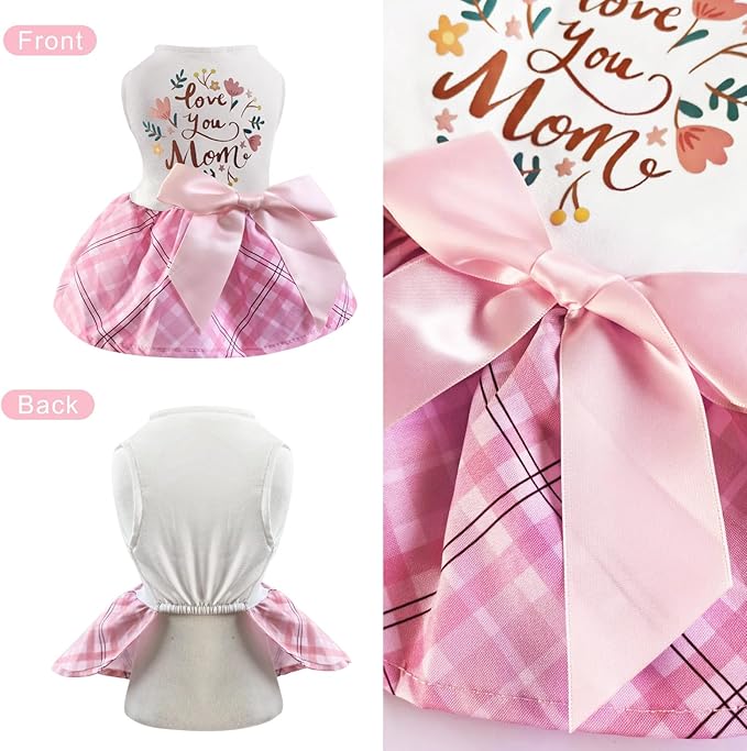 Idepet Dog Dress Love You Mom, Mother's Day Dog Dresses Puppy Skirt Pet Apparel Daisy Sleeveless Holiday Clothes for Small Dogs Girls and Cats, Pink Plaid,XS