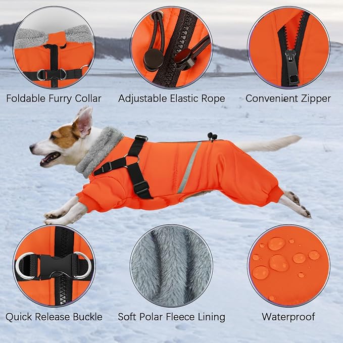 BRKURLEG Small Dog Winter Coat with Harness Built in, Orange Winter Dogs Jackets, Fullbody Dog Coat, Dogs Snowsuits Reflective Windproof Cold Weather Coats, Pet Warm Fleece Coats, S