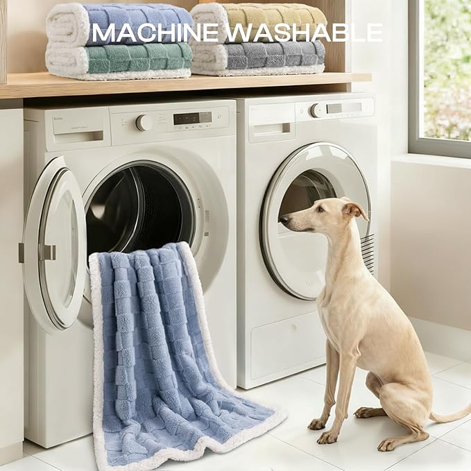 Luciphia Waterproof Dog Blanket for Large Dogs Washable Soft Sherpa Fleece Cat Blankets with 3D Jacquard Cozy Calming Reversible Bed Couch Protector Furniture Protection for Pet,Blue White, 85x57 inch
