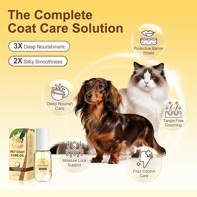 Pet Coat Care Oil, Coconut & Jojoba Infusion | Nourishing Serum to Reduce Stubborn Knots, UV Heat Shield; Anti-Static Lipid Repair for Dry Damaged Fur, Lick-Safe Treatment Dogs Cats, 1.69 fl. oz