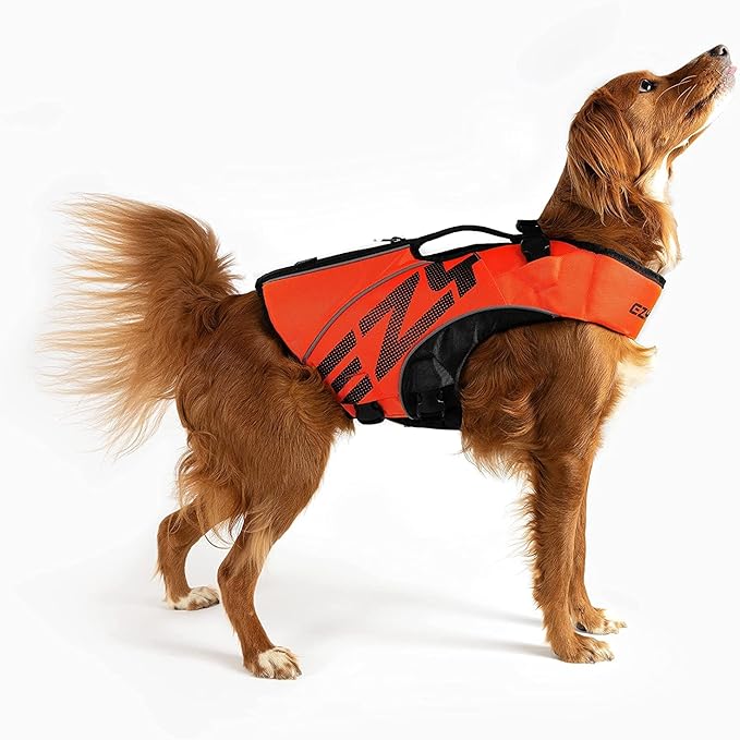 EzyDog DFD X2 Dog Life Jacket - Adjustable Swimming Safety Life Vest Preserver with Continuous Neck Flotation, Reflective Trim, & Grab Handle (2XS, Red)