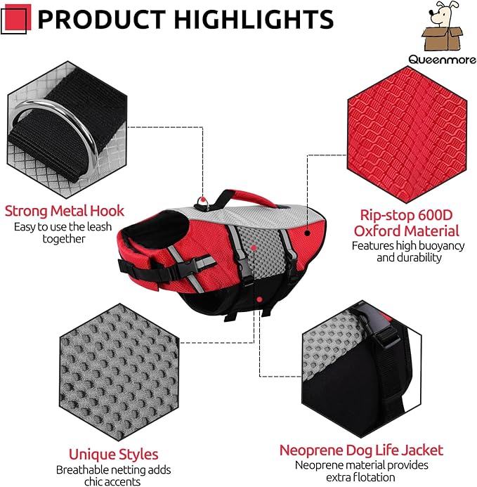 Queenmore Dog Life Jacket Swimming Vest Small Medium Dogs Neoprene Life Vest Lightweight Reflective Dog Lifesaver for Boating Kayaking Red,XS