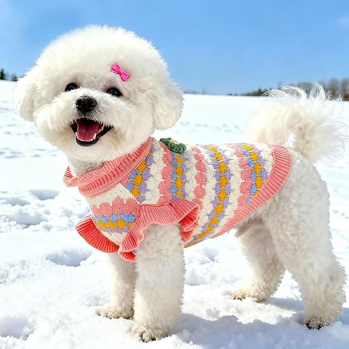 BAEJMJK Cute Flower Small Dog Sweater Soft Girl Dog Clothes Turtleneck Warm Pet Puppy Knitted Pullover Princess Dogs Cats Outfits(Pink,Large)