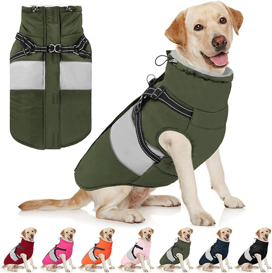 AOFITEE Dog Coat Warm Dog Winter Coat, Waterproof Dogs Jacket with Harness, Dogs Snow Jacket Snowsuit with Zipper & Furry Collar, Reflective Windproof Pet Sweater for Cold Weather, French Bulldog, L
