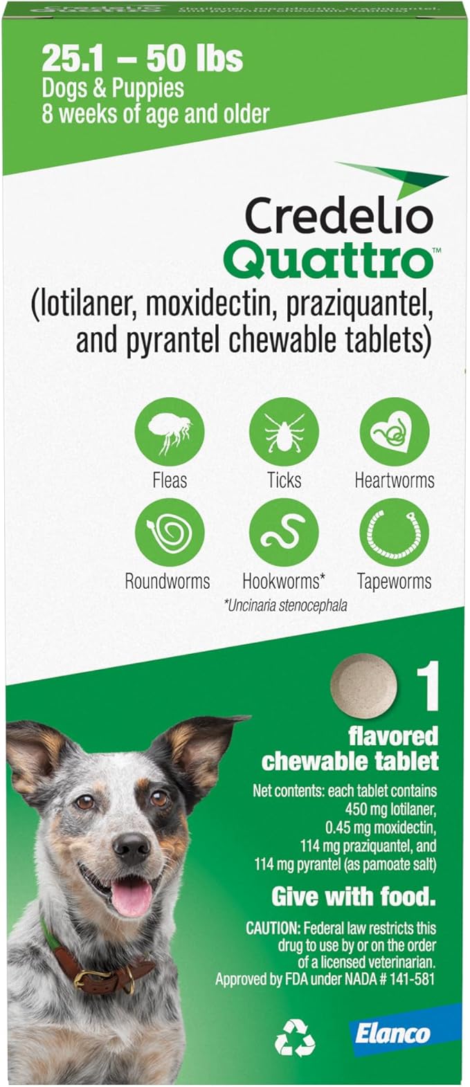 Credelio Quattro Dog Flea & Tick Treatment + Heartworm & Parasite Protection, 25.1-50 lbs (1 Chewable Tablet)