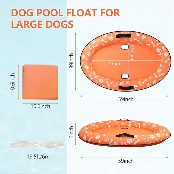 59'' x 39''Inflatable Dogs Pool Float with Rope - Tear Resistant Oxford Stable Support Puppy Floating Raft,Inflatable Summer Doggies Raft Toy for Small Medium Large Dogs Up to 88lb (Orange)