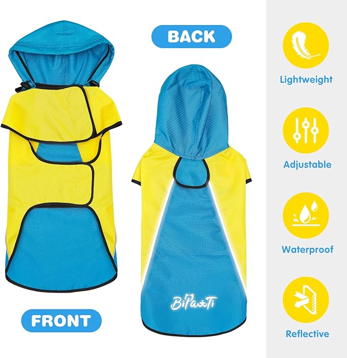 BiPawTi Dog Rain Jackets for Medium Dogs, Lightweight Reflective Safety Pet Rain Jacket, Waterproof Dog Raincoat with Hood/Leash Hole/Reflective Strip - Yellow + Blue, M