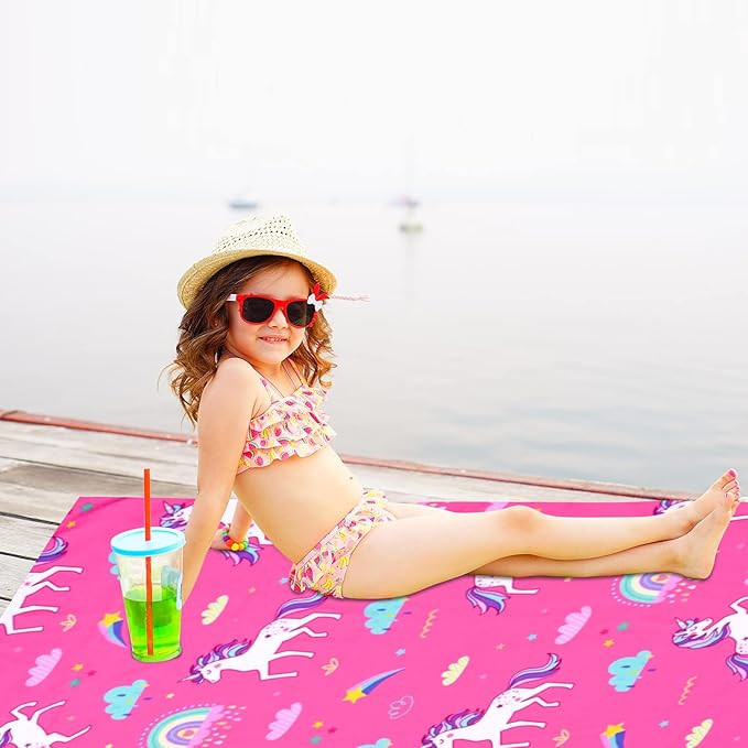 LIVILAN Pink Unicorn Rainbow Beach Towel, Perfect for Kids, Girls, Women, Soft Microfiber Bath, Pool, Swimming Towel, Thin, Quick Dry, Sand Free, Small 24"x 48", Cute Unicorn Gifts