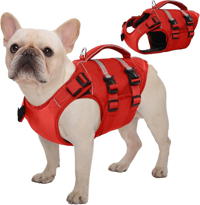 Kuoser Dog Life Jacket, High Flotation Dog Life Vest for Swimming Boating, Adjustable Ripstop Pet Lifesaver for Small Medium and Large Dogs, Reflective Safety Puppy Swimming Vest with Rescue Handle