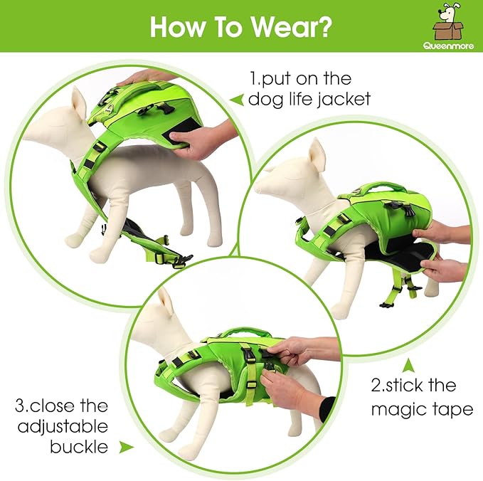 Queenmore Dog Life Jacket,Life Vest for Extra Large Dogs,Adjustable Reflective Dog Swimming Vest,Superior Buoyancy Dog Lifesaver,High Floating Pet Life Vest for Swimming(Green,2XL)