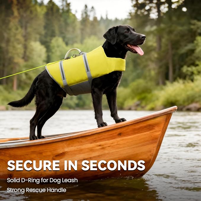 VIVAGLORY Rip Stop Dog Life Vest, Swimming Vest with Handle, Buoyancy for Doggy Puppy, Dog Life Jacket for Swimming & Boating, M, Yellow Grey