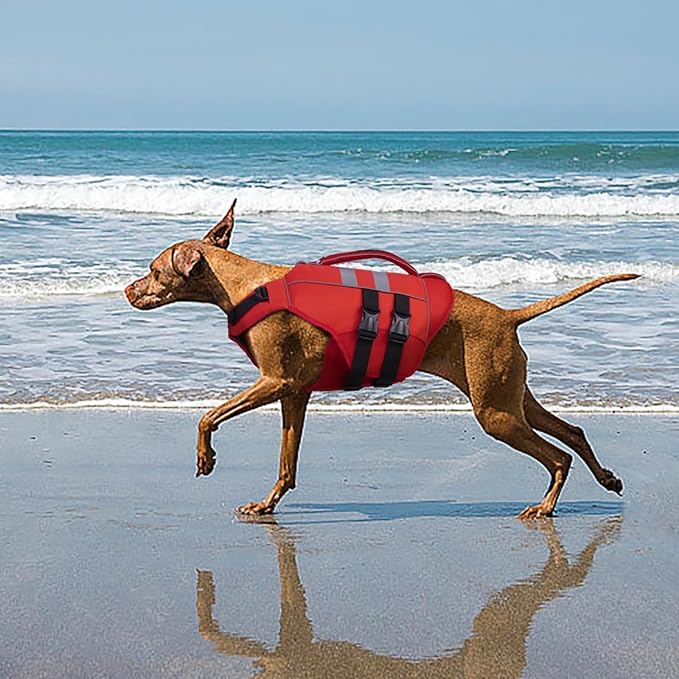 Kuoser XL Dog Life Jacket, Large High Flotation Dog Life Vest for Swimming Boating, Reflective Dog Swimming Vest Pet Life Preserver with Rescue Handle, Red XL