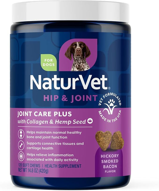 NaturVet Hemp Advanced Joint Health Dog Supplement Soft Chews –Helps Support Joint Health in Dogs – Includes Hemp Seed, Collagen, Glucosamine, MSM, Chondroitin, Omegas – 120 Ct.