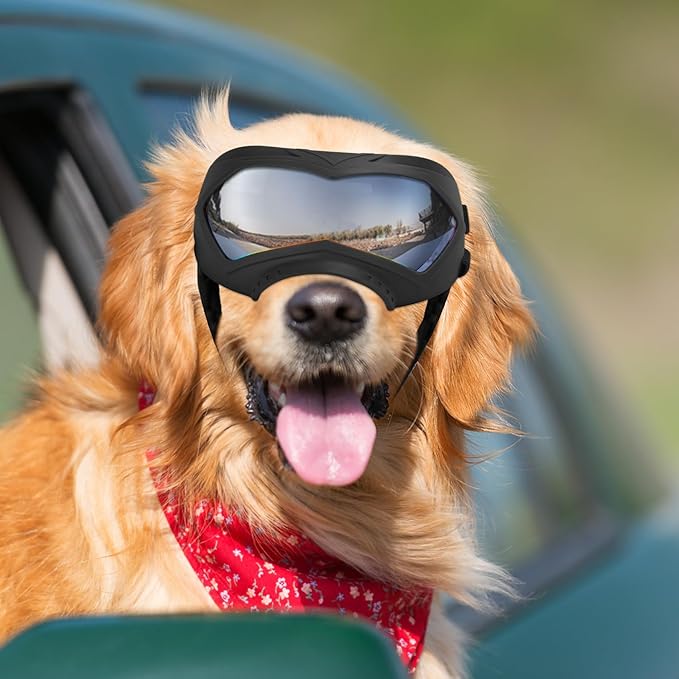 Dog Goggles, UV Protection, Windproof, Dustproof, Anti-Fog Dog Sunglasses for Large & Medium Dogs, Lightweight TPE Frame with Adjustable Strap, Stylish Outdoor Protection (Black)