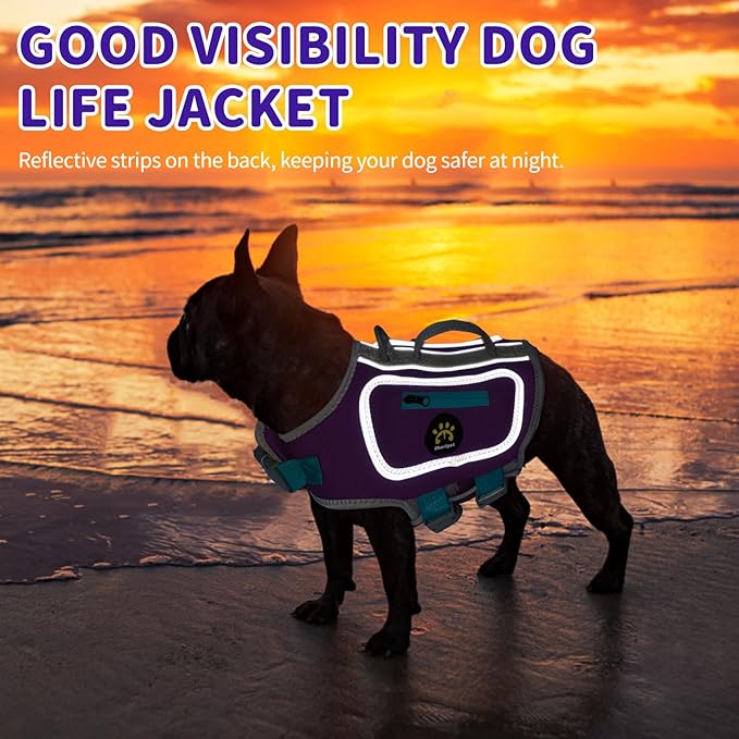 Dog Life Vests for Swimming, High Visibility Dog Life Jacket Lightweight Adjustable Reflective Dogs Swim Vest for Boating, High Floating Pet Life Preserver with Rescue Handle (Purple, XL)