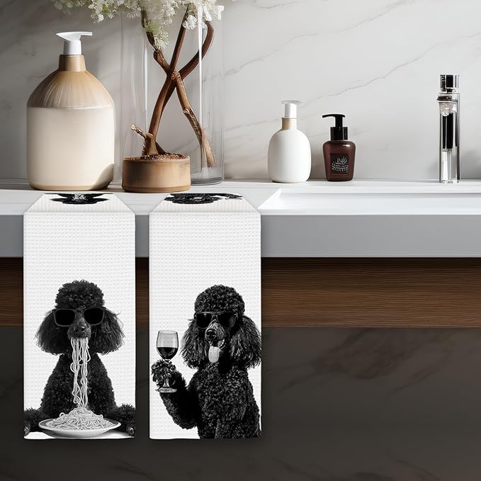 Black Poodle Gifts Wine Kitchen Towels Set of 2, Funny Black Poodle Dog Eating Pasta Decorative Hand Dish Towel for Kitchen Home Bar, Gift for PoodleDog Lovers Home Bar Decor(16x24Inch)