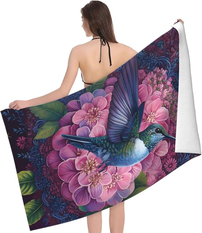 Floral Bird Beach Towel 31inx51in, Hummingbird Sand-Free Microfiber Bath Towel Ultra Soft Quick Dry Pool Towel Absorbent Towel Lightweight Towel for Swimming Bathroom Decor