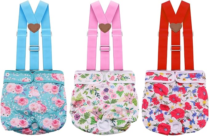 3 Pack Washable Female Dog Diaper with Suspender,Reusable Fixed Doggie Diapers Super Absorbent Leakproof for Small Medium Large Dog in Heat Cycle-L