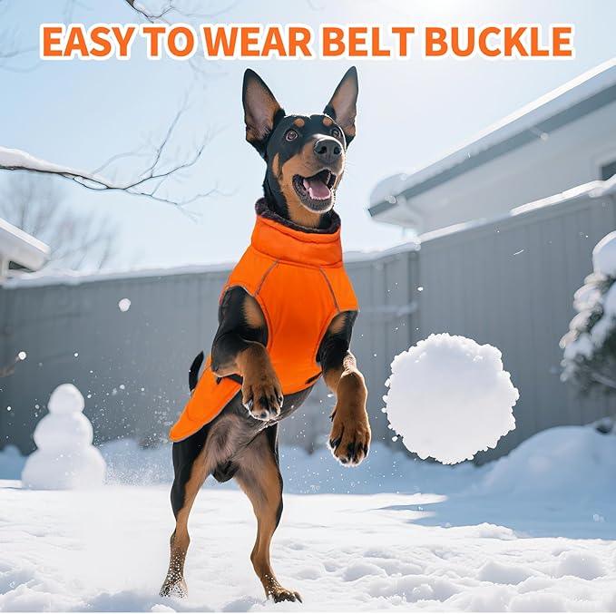 DENTRUN Winter Warm Dog Coat Reflective Jacket with Turtleneck for Cold Weather, Adjustable Buckle Windproof Water Repellent, Thick Snowsuit Fleece Vest for Small, Medium, Large Dogs, Orange, S