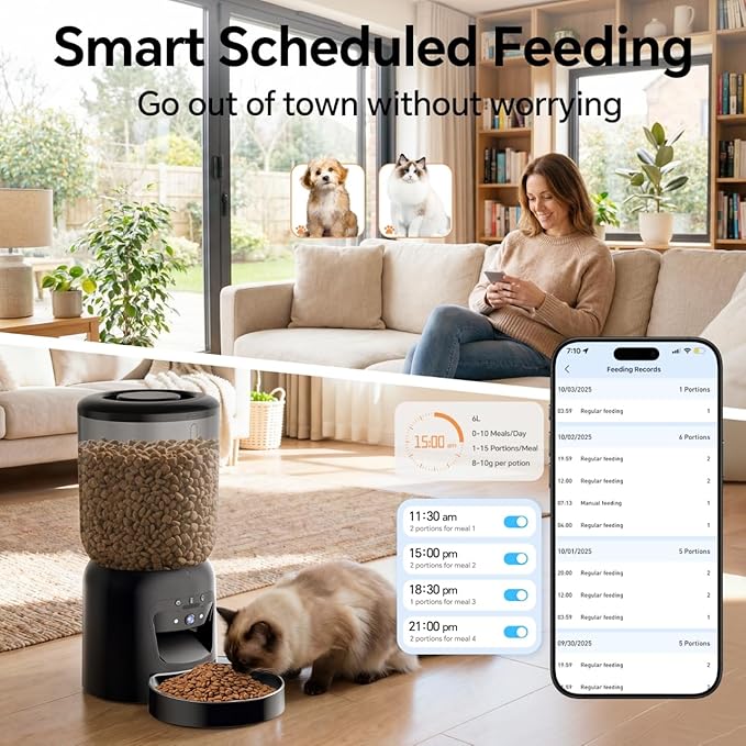 Automatic Cet Feeder with Camera, 5G/ 2.4GWiFi, 3K HD App Control - Smart Dog Cat Feeder, 2-Way Audio, Night Vision, Slow Feed, 6L Capacity, Battery Backup, Anti-Jam, Freshness Seal, Black