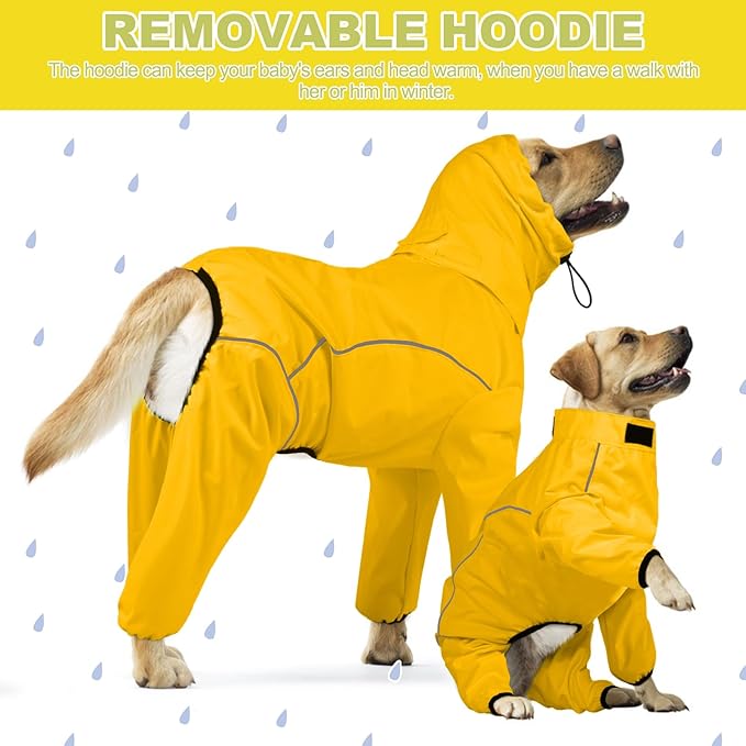 Dog Raincoat, Waterproof Dog Rain Jacket with Removable Hood，Adjustable 4 Legs Pet Poncho with Leash Hole，Reflective Stripe Hooded Snowproof Windproof Clothes for Small to 3X-Large Dogs, M