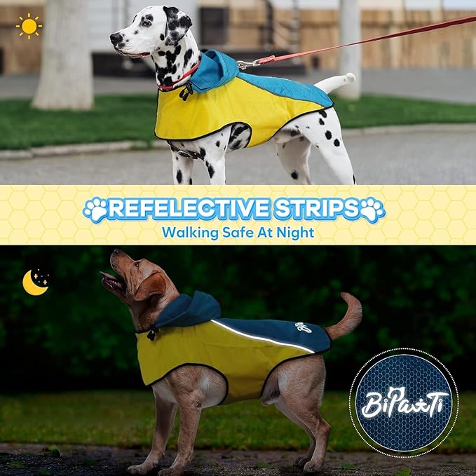 Dog Rain Jackets for Large Dogs, Lightweight Reflective Safety Pet Rain Coats, Waterproof Dog Raincoats with Hood/Leash Hole/Reflective Strip - Yellow + Blue, L