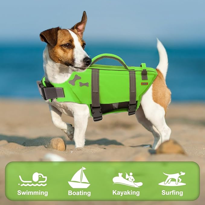 EMUST Dog Life Jacket, Lightweight Dog Life Vests with Rescue Handle for Small Medium and Large Dogs, Pet Safety Swimsuit Preserver for Swimming Pool Beach Boating, 2XL, NewGreen