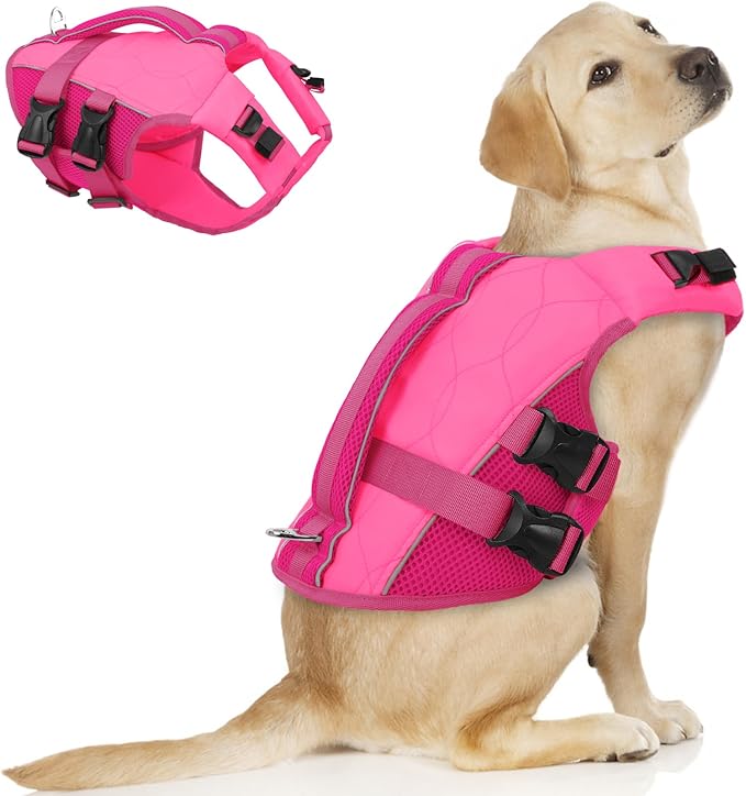 ASENKU Dog Life Jacket, High-Buoyancy Reflective Dog Swimming Vest with Durable Handles for Small/Medium/Large Dogs - Pool, Beach, Boating (Pink, XL)