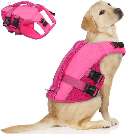 ASENKU Dog Life Jacket, High-Buoyancy Reflective Dog Swimming Vest with Durable Handles for Small/Medium/Large Dogs - Pool, Beach, Boating (Pink, L)