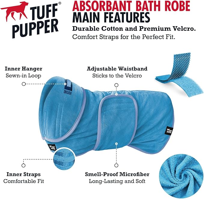 Tuff Pupper Fast Drying Dog Bath Robe | 800 GSM Plush Dog Towel Bathrobe/Dressing Gown | Super Absorbent Pet/Puppy Bathrobe | Adjustable Hood & Belly Strap | Super Soft | Fast Drying (XXL, Blue)